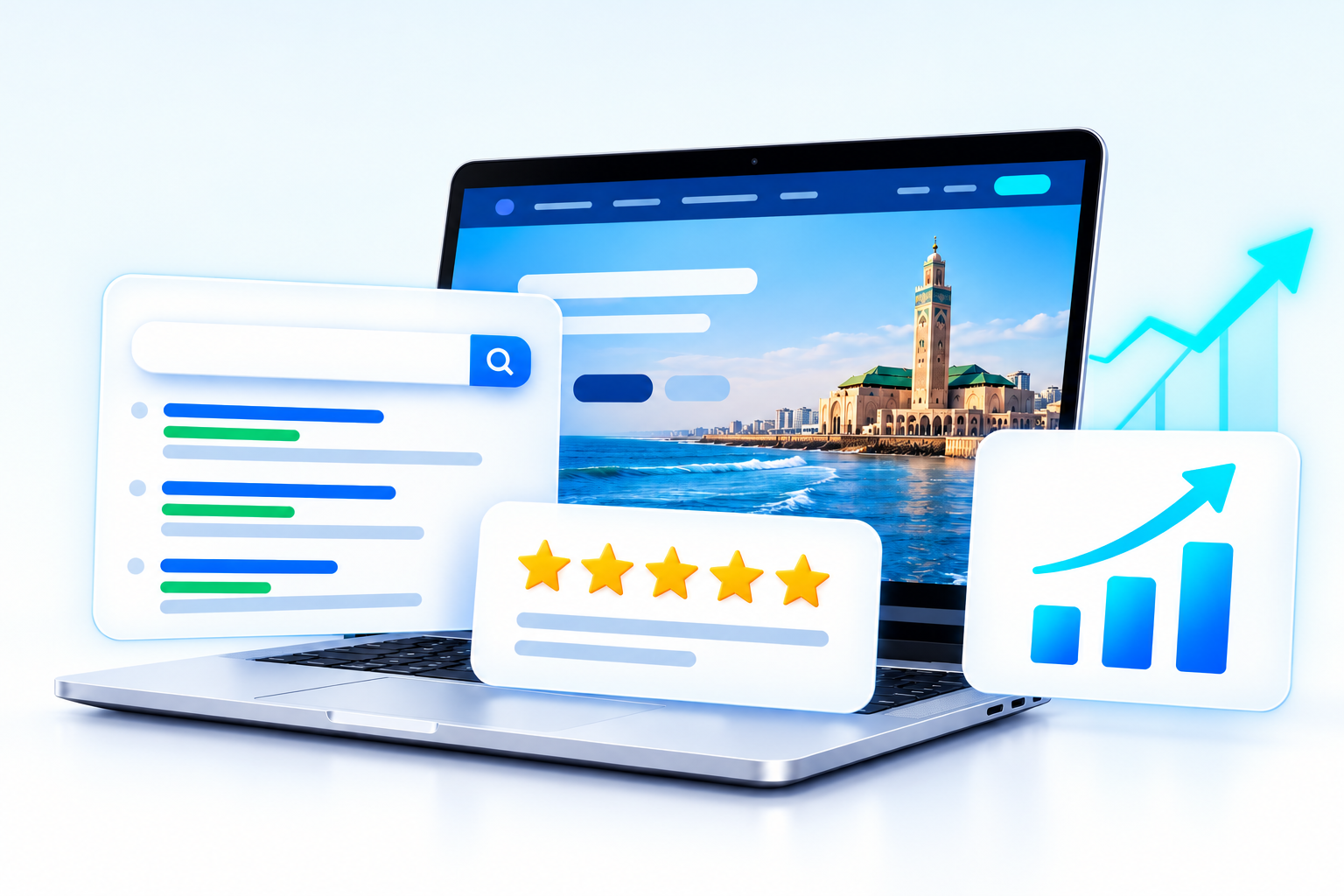 Ordinateur illustrant la visibilité web, les résultats de recherche, les avis clients et la croissance